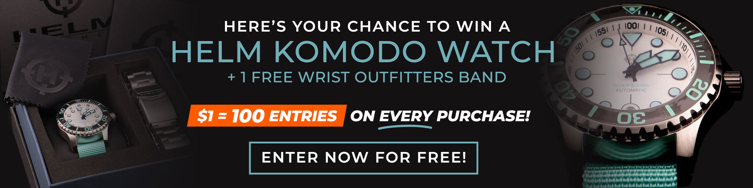 Promotional banner for a chance to win a Helm Komodo watch with a free wristband, featuring text and images of the watch.